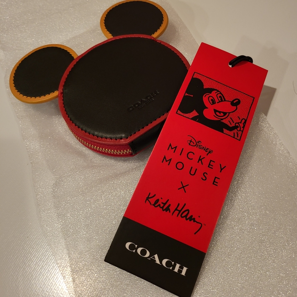 NWT COACH x DISNEY Mickey Mouse Keith Haring Black Red Yellow Coin Purse Case